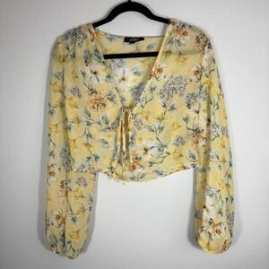 Women's Yellow Floral Semi Sheer Tie Front Top Y2K Cottagecore Preppy Size Small